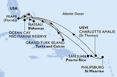 USA, Bahamy, Svatý Martin, Zámořské území Velké Británie z Miami na lodi MSC Meraviglia