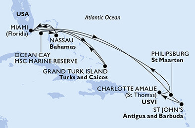 USA, Zámořské území Velké Británie, Bahamy, Svatý Martin, Antigua a Barbuda z Miami na lodi MSC Meraviglia