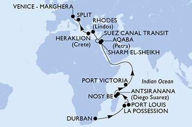 Jihoafrická republika, Reunion, Mauricius, Madagaskar, Seychely, Jordánsko, Egypt, Řecko, Chorvatsko, Itálie z Durbanu na lodi MSC Armonia