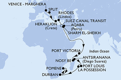 Itálie, Chorvatsko, Kréta, Řecko, Egypt, Jordánsko, Seychely, Madagaskar, Mauricius, Reunion, Jihoafrická republika, Mosambik z Marghery na lodi MSC Armonia