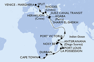 Jihoafrická republika, Reunion, Mauricius, Madagaskar, Seychely, Jordánsko, Egypt, Řecko, Chorvatsko, Itálie z Kapského Města na lodi MSC Armonia