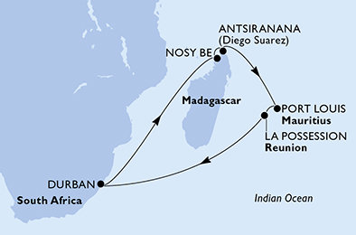 Jihoafrická republika, Madagaskar, Mauricius, Reunion z Durbanu na lodi MSC Opera Jihoafrická republika, Madagaskar, Mauricius, Reunion z Durbanu na lodi MSC Opera