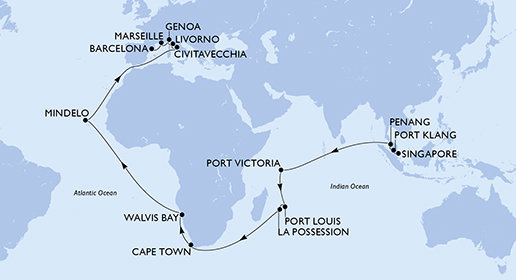 Singapur, Malajsie, Seychely, Mauricius, Reunion, Jihoafrická republika, Namibie, Kapverdy, Itálie, Francie, Španělsko ze Singapuru na lodi MSC Magnifica