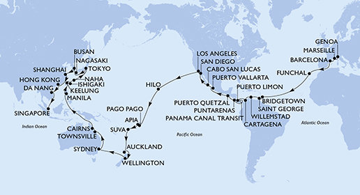Itálie, Francie, Španělsko, Portugalsko, Barbados, Grenada, Curacao, Kolumbie, Kostarika, Panama, Guatemala, Mexiko, USA, Americká Samoa, Samoa, Fidži, Nový Zéland, Austrálie, Filipíny, Tchaj-wan, Japonsko, Jižní Korea, Čína, Vietnam, Singapur z Janova na lodi MSC Magnifica