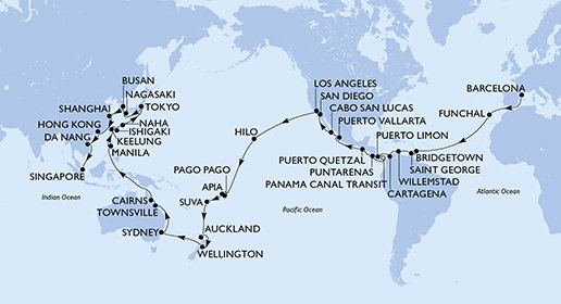 Španělsko, Portugalsko, Barbados, Grenada, Curacao, Kolumbie, Kostarika, Panama, Guatemala, Mexiko, USA, Americká Samoa, Samoa, Fidži, Nový Zéland, Austrálie, Filipíny, Tchaj-wan, Japonsko, Jižní Korea, Čína, Vietnam, Singapur z Barcelony na lodi MSC Magnifica
