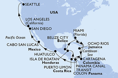 USA, Jamajka, Kolumbie, Panama, Kostarika, Honduras, Belize, Mexiko z Miami na lodi MSC Poesia