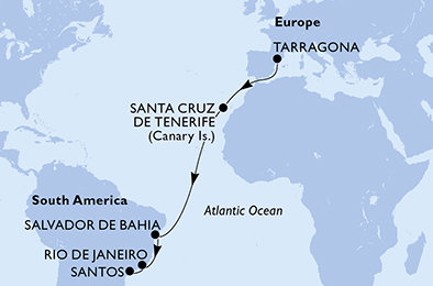 Španělsko, Brazílie z Tarragony na lodi MSC Divina