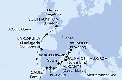 Velká Británie, Španělsko, Francie ze Southamptonu na lodi MSC Virtuosa