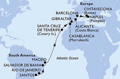 Brazílie, Španělsko, Maroko, Velká Británie, Itálie ze Santosu na lodi MSC Divina