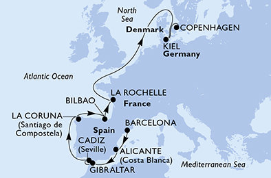 Španělsko, Velká Británie, Francie, Německo, Dánsko z Barcelony na lodi MSC Euribia