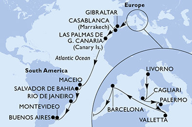 Itálie, Malta, Španělsko, Velká Británie, Maroko, Brazílie, Uruguay, Argentina z Livorna na lodi MSC Splendida