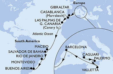 Itálie, Malta, Španělsko, Velká Británie, Maroko, Brazílie, Uruguay, Argentina z Cagliari na lodi MSC Splendida