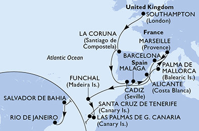 Velká Británie, Španělsko, Francie, Portugalsko, Brazílie ze Southamptonu na lodi MSC Virtuosa