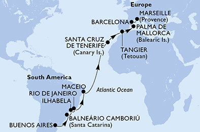 Argentina, Brazílie, Španělsko, Maroko, Francie z Buenos Aires na lodi MSC Fantasia