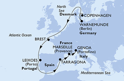 Dánsko, Německo, Francie, Portugalsko, Španělsko, Itálie z Kodaně na lodi MSC Magnifica