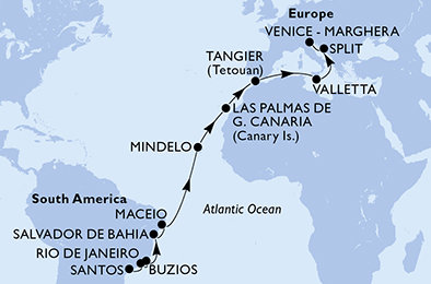 Brazílie, Kapverdy, Španělsko, Maroko, Malta, Chorvatsko, Itálie ze Santosu na lodi MSC Lirica