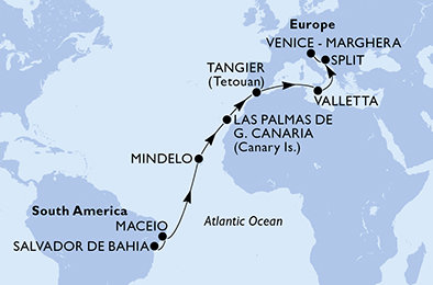 Brazílie, Kapverdy, Španělsko, Maroko, Malta, Chorvatsko, Itálie ze Salvadoru na lodi MSC Lirica