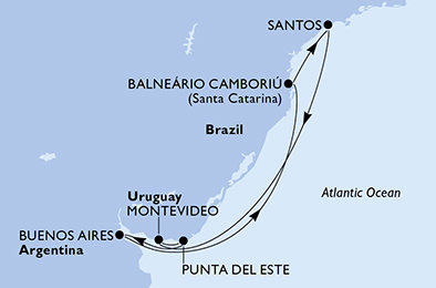 Brazílie, Uruguay, Argentina ze Santosu na lodi MSC Musica