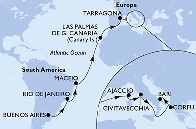 Argentina, Brazílie, Španělsko, Francie, Itálie, Řecko z Buenos Aires na lodi MSC Splendida