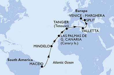 Brazílie, Kapverdy, Španělsko, Maroko, Malta, Chorvatsko, Itálie z Maceia na lodi MSC Lirica