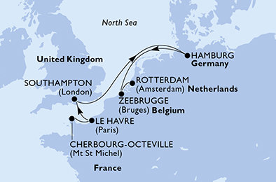 Francie, Velká Británie, Německo, Belgie, Nizozemsko Cherbourgu na lodi MSC Preziosa