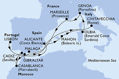 Portugalsko, Španělsko, Itálie, Francie, Maroko, Velká Británie z Lisabonu na lodi MSC Sinfonia