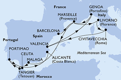 Španělsko, Francie, Itálie, Maroko, Portugalsko z Barcelony na lodi MSC Sinfonia