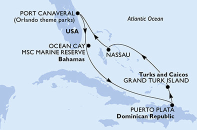 USA, Bahamy, Dominikánská republika, Zámořské území Velké Británie z Port Canaveralu na lodi MSC WORLD ATLANTIC
