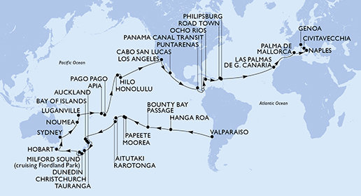Chile, Zámořské území Velké Británie, Francouzská Polynésie, Cookovy ostrovy, Nový Zéland, Austrálie, Nová Kaledonie, Vanuatu, Samoa, Americká Samoa, USA, Mexiko, Kostarika, Panama, Jamajka, Britské Panenské ostrovy, Svatý Martin, Španělsko, Itálie z Valparaisa na lodi MSC Magnifica