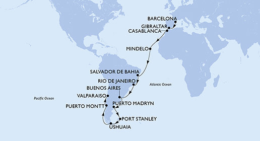 Španělsko, Velká Británie, Maroko, Kapverdy, Brazílie, Argentina, Zámořské území Velké Británie, Chile z Barcelony na lodi MSC Magnifica