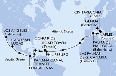 USA, Mexiko, Kostarika, Panama, Jamajka, Britské Panenské ostrovy, Svatý Martin, Španělsko, Itálie na lodi MSC Magnifica