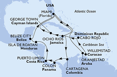 USA, Aruba, Curacao, Dominikánská republika, Jamajka, Kajmanské ostrovy, Kolumbie, Panama, Kostarika, Honduras, Belize z Miami na lodi MSC Poesia