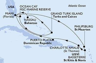 USA, Svatý Martin, Svatý Kryštof a Nevis, Dominikánská republika, Bahamy, Zámořské území Velké Británie z Miami na lodi MSC Seashore