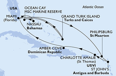 USA, Bahamy, Zámořské území Velké Británie, Svatý Martin, Antigua a Barbuda, Dominikánská republika z Miami na lodi MSC Seashore