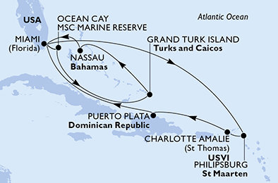 USA, Svatý Martin, Dominikánská republika, Bahamy, Zámořské území Velké Británie z Miami na lodi MSC Seashore