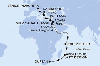 Itálie, Řecko, Egypt, Jordánsko, Seychely, Mauricius, Reunion, Jihoafrická republika z Marghery na lodi MSC Armonia