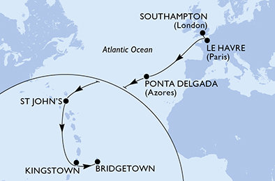 Velká Británie, Francie, Portugalsko, Antigua a Barbuda, Svatý Vincenc a Grenadiny, Barbados ze Southamptonu na lodi MSC Meraviglia