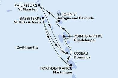 Martinik, Guadeloupe, Antigua a Barbuda, Svatý Martin, Dominika, Svatý Kryštof a Nevis z Fort-de-France na lodi MSC Meraviglia