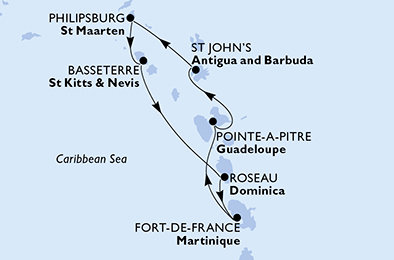 Guadeloupe, Antigua a Barbuda, Svatý Martin, Svatý Kryštof a Nevis, Dominika, Martinik z Pointe-à-Pitre na lodi MSC Meraviglia
