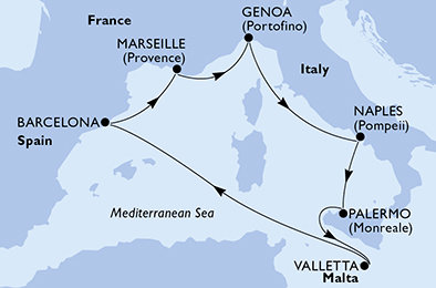 Španělsko, Francie, Itálie, Malta z Barcelony na lodi MSC Seaview