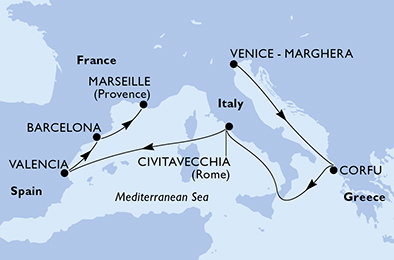 Itálie, Řecko, Španělsko, Francie z Marghery na lodi MSC Lirica