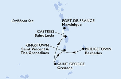 Barbados, Svatý Vincenc a Grenadiny, Grenada, Svatá Lucie, Martinik z Bridgetownu na lodi MSC Virtuosa