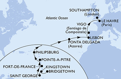 Barbados, Svatý Vincenc a Grenadiny, Grenada, Martinik, Guadeloupe, Svatý Martin, Portugalsko, Španělsko, Francie, Velká Británie z Bridgetownu na lodi MSC Meraviglia