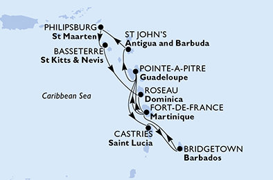 Barbados, Martinik, Guadeloupe, Antigua a Barbuda, Svatý Martin, Svatý Kryštof a Nevis, Dominika, Svatá Lucie z Bridgetownu na lodi MSC Meraviglia