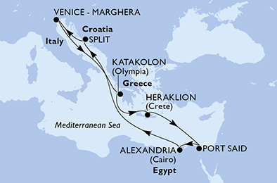 Chorvatsko, Itálie, Řecko, Egypt ze Splitu na lodi MSC Lirica