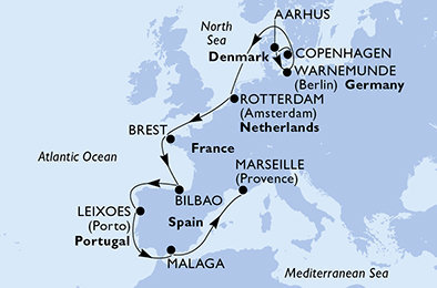 Dánsko, Německo, Nizozemsko, Francie, Španělsko, Portugalsko z Kodaně na lodi MSC Magnifica