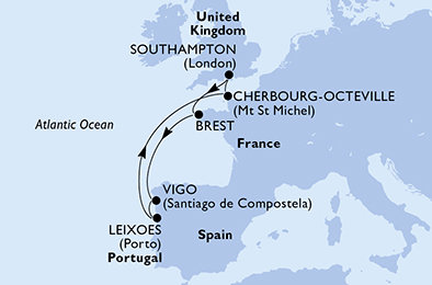 Velká Británie, Francie, Španělsko, Portugalsko ze Southamptonu na lodi MSC Meraviglia