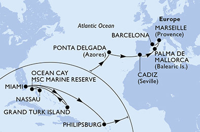 USA, Zámořské území Velké Británie, Bahamy, Svatý Martin, Portugalsko, Španělsko, Francie z Miami na lodi MSC Seashore