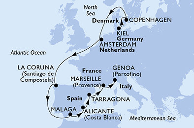 Německo, Dánsko, Nizozemsko, Španělsko, Francie, Itálie z Kielu na lodi MSC Euribia