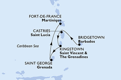 Barbados, Svatá Lucie, Svatý Vincenc a Grenadiny, Grenada, Martinik z Bridgetownu na lodi MSC Virtuosa